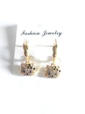 Gold Plated Pink Rhinestones Cat Dangle Earrings